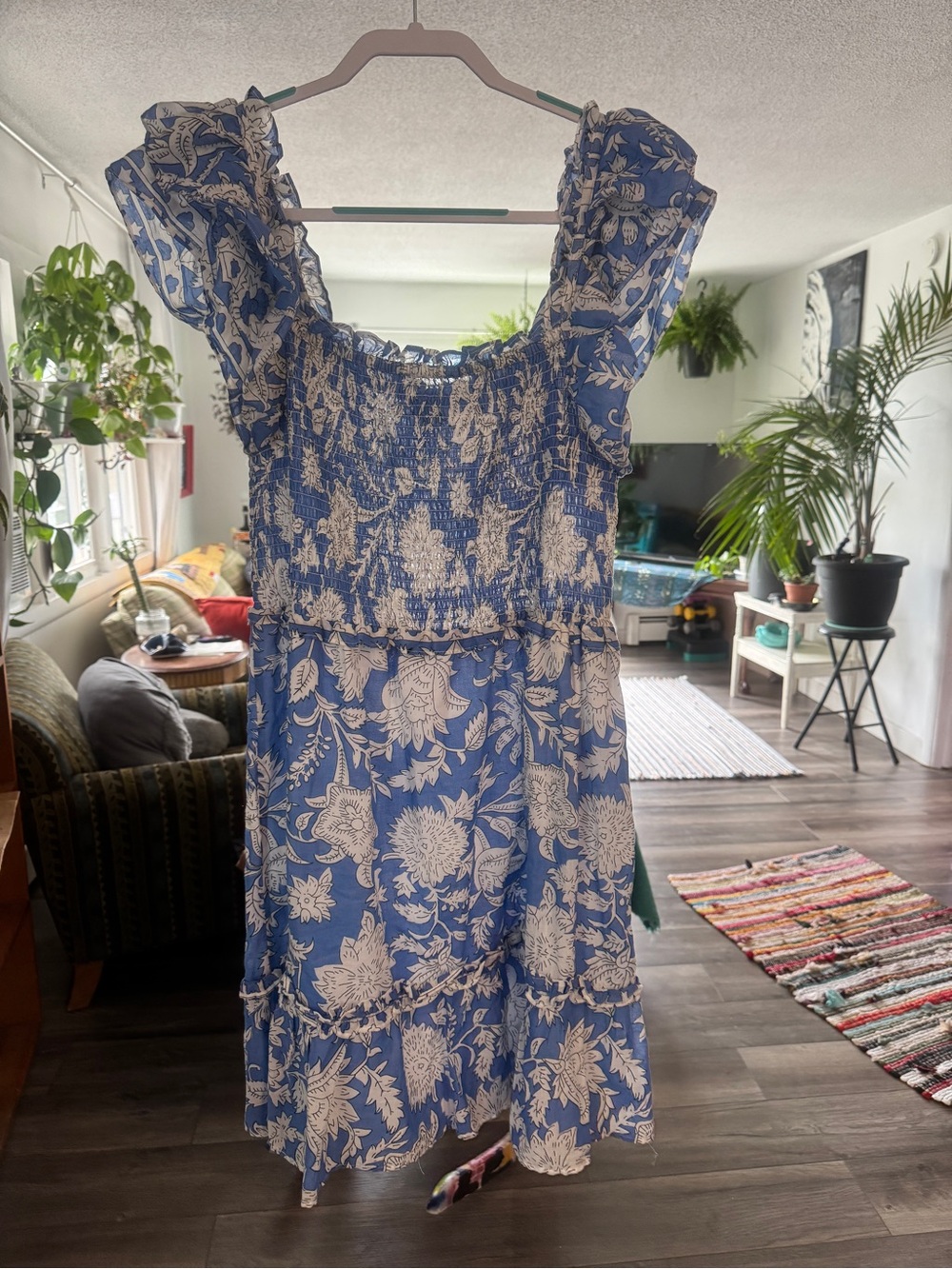 Jennifer Grae Blue & White Floral Cotton Smocked Midi Dress XL